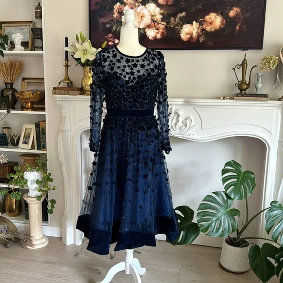 Mac Duggal Long Sleeve Fit Flare Velvet Embellished Cocktail Dress Dresses